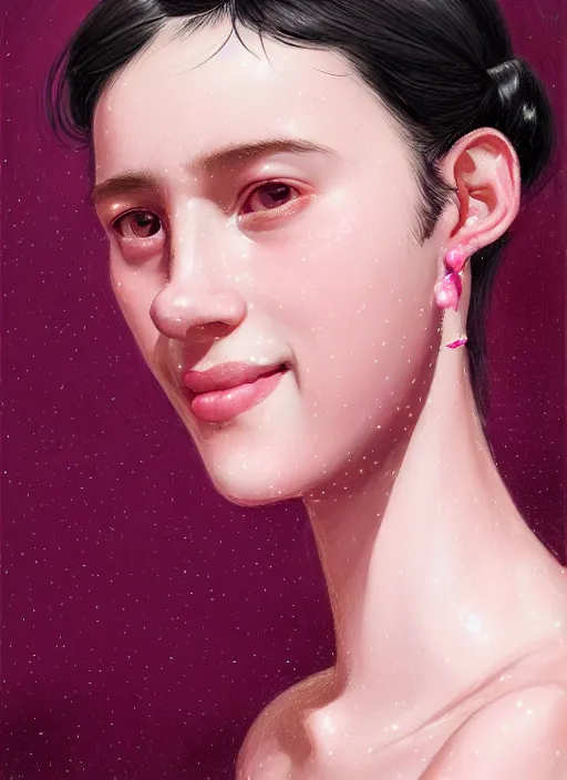 Image similar to portrait of teenage girl, realistic, black hair, bangs, half updo hairstyle, pointy nose, skinny, smile, ugly, defined jawline, big chin, pink hair bow, earrings, intricate, elegant, glowing lights, highly detailed, digital painting, artstation, sharp focus, illustration, art by wlop, mars ravelo and greg rutkowski