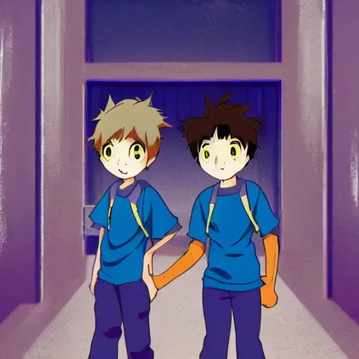 Image similar to two boys explore a haunted school at night, anime, animated