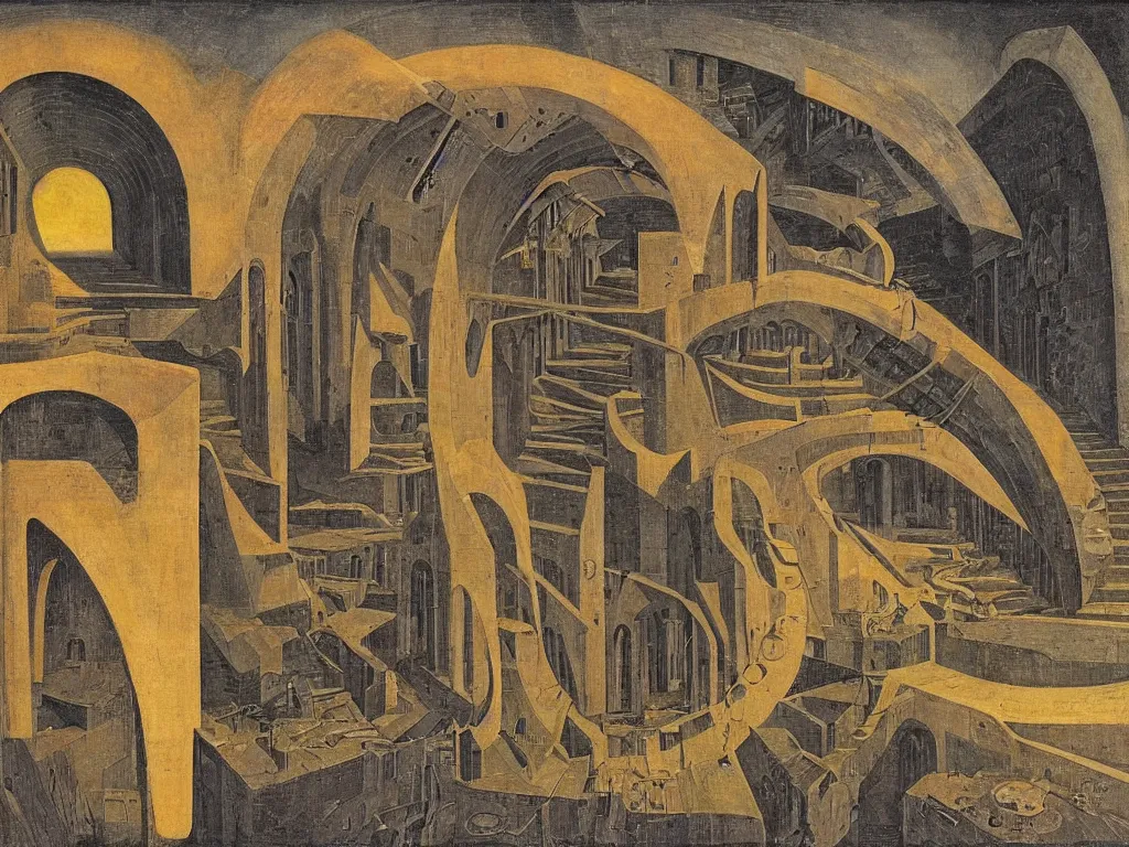 Image similar to The wise serpent knows the secret infinite stairs. Brutalist, doomed deserted industrial city. Solar flares. Piero della Francesca Rene Magritte, Jean Delville, Max Ernst, Escher