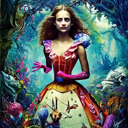 Image similar to alicia vikander in alice in wonderland tripping on lsd, intricate detail, painting, royo, frazetta, whealan,