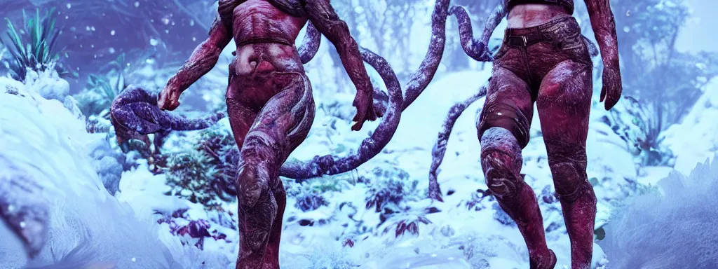 Prompt: muscular explorer woman walking forward in animal fur armour with crop top midriff, walking in a dense alien snow covered frosty jungle, with snow covered colourful red, blue and purple plants, large vines, snow covered arched organic rock structures, in the style of monster hunter world, like concept art on artstation, hyperdetailed, vray render, octane render,