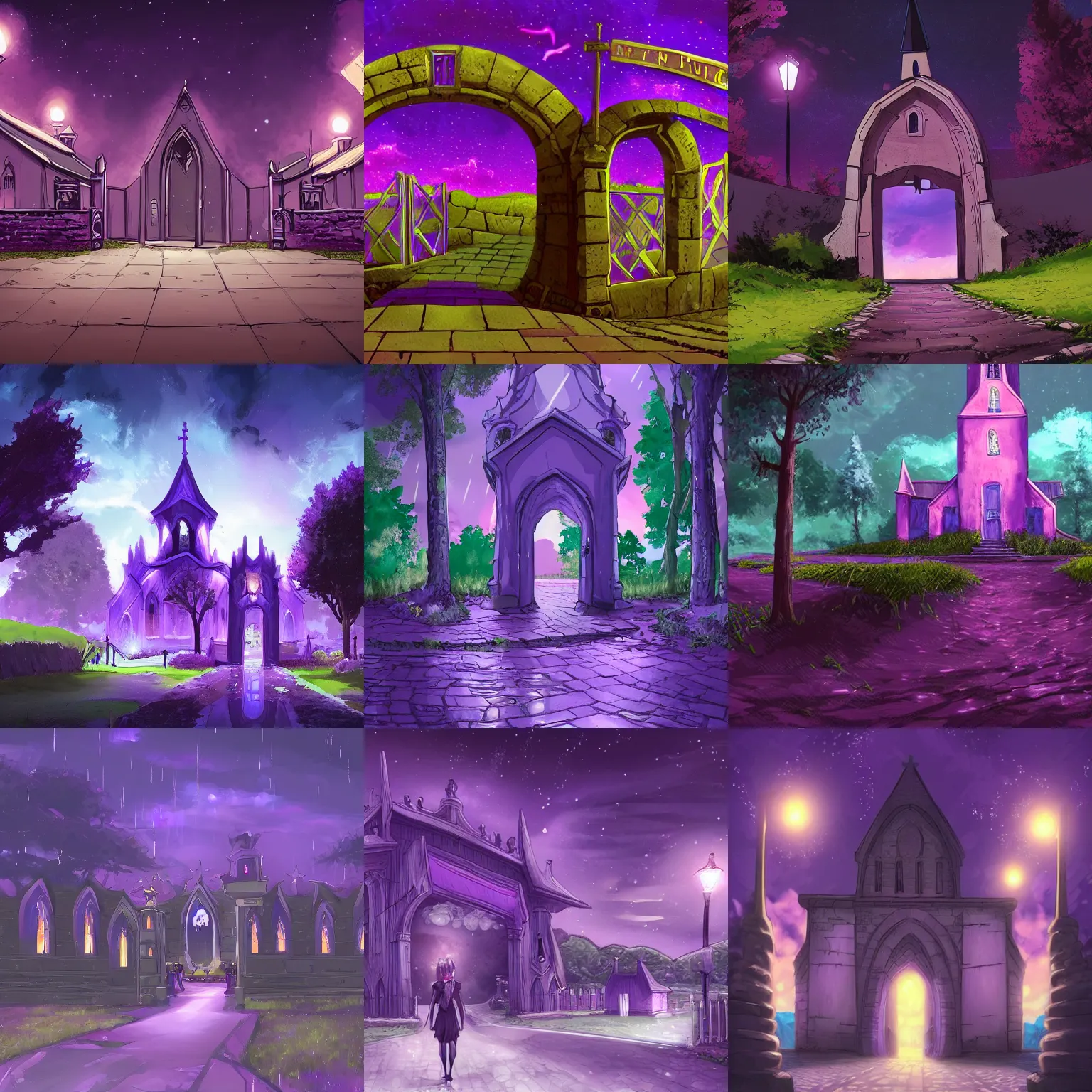 Prompt: entrance of purple church and wet ground under night sky,anime background for half-length character,very detailed,trending on artstation, low perspective