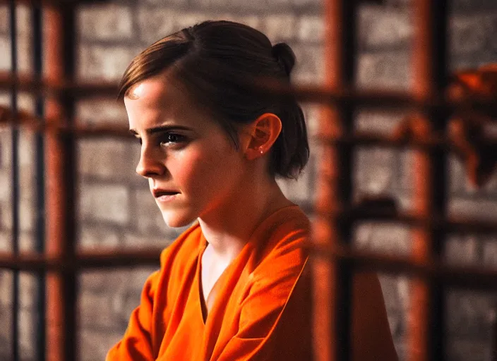 Image similar to photo of emma watson sitting in a jail cell wearing an orange jumpsuit and a red hat, defocused bars in the foreground, 8 k, 8 5 mm f 1. 8