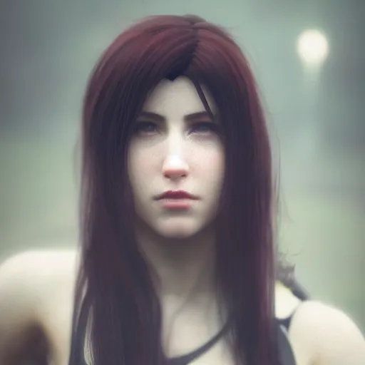 Image similar to Beautiful tifa lockheart in real life, face centered portrait, Confident, fog, rain, volumetric lighting, beautiful, golden hour, sharp focus, ultra detailed, cgsociety by Leesha Hannigan, Ross Tran, Thierry Doizon, Kai Carpenter,Ignacio Fernández Ríos