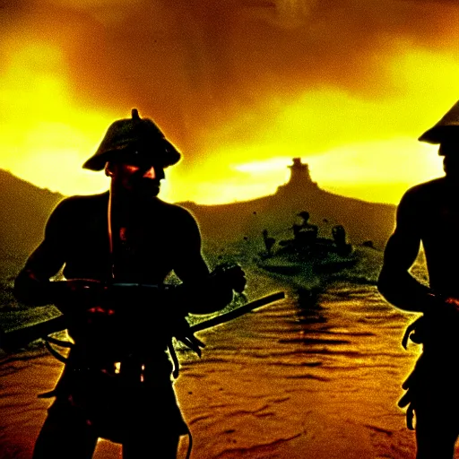 Prompt: a still from the movie Apocalypse now, cinematic lighting, gritty, detailed faces