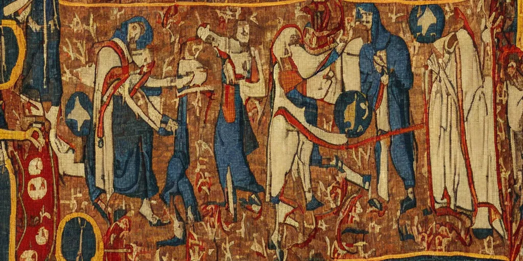 Prompt: a medieval tapestry depicting artificial intelligence replacing humans