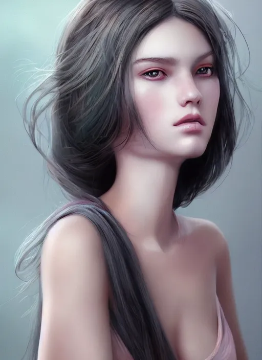 Image similar to a realistic photo portrait of beautiful 👧 with soft 👀 fashion modeling pose, full body, like a professional model, face by WLOP, body by Alex Flores, face symmetry, style of Dan Luvisi, and Charlie Bowater, artstation, rendered, cinematic color grading, muted colors, soft light, rule of thirds, cinematic