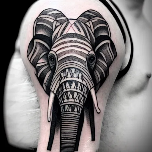 Image similar to small realistic fine line art tattoo of a stylized elephant with abstract geometric patterns, fine line tattoo, highly detailed, hd, concept