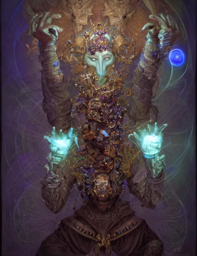 Image similar to front shot of a court jester character, hyperdimensional, bioluminescent hypercubes, dark holography!!!, (((intricate))), elegant, highly detailed, centered, (((artstation, concept art, smooth, sharp focus, artgerm, Tomasz Alen Kopera, Peter Mohrbacher, donato giancola, Joseph Christian Leyendecker, WLOP, Boris Vallejo))), mugshot!!!!!, ugly!!!!!!, octane render, nvidia raytracing demo, octane render, nvidia raytracing demo, octane render, nvidia raytracing demo, grainy, muted, 8K, digitalblasphemy, metatron