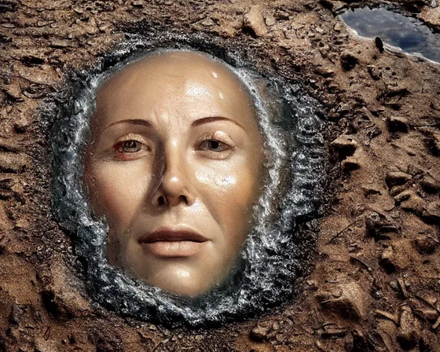 Image similar to a realistic human head coming out of the ground, surreal, water art manipulation, hyper realistic, ray tracing, realistic water, sharp focus, 8 k resolution, cinematic