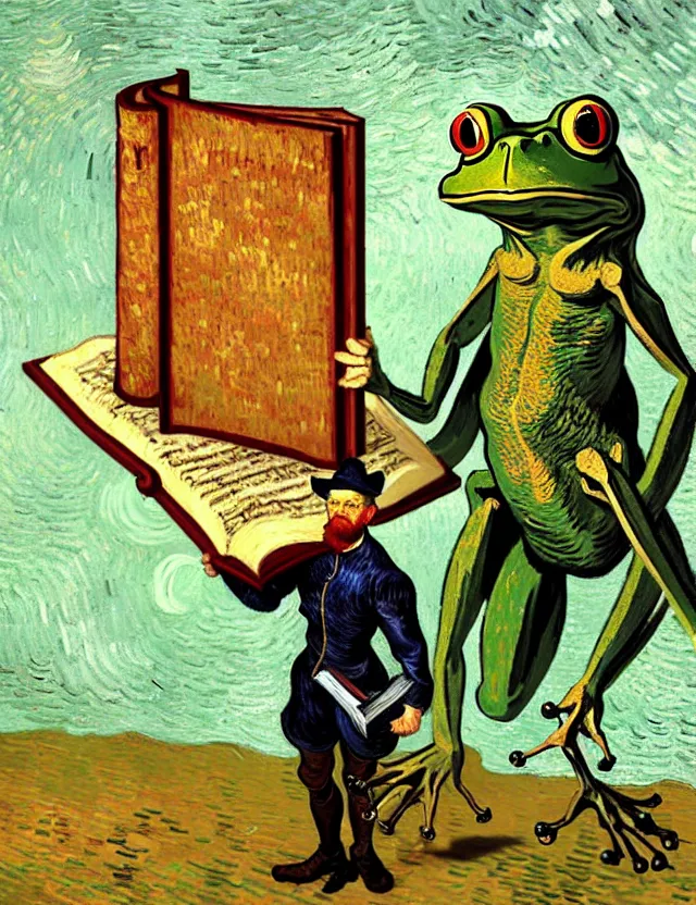 Prompt: anthropomorphic bipedal frog that is dressed as a medieval librarian, and holding a giant book, as a matte oil painting and d & d character art, by vincent van gogh, standing, fullbody, floating bubbles, loose pages, concept art, award - winning, extremely detailed, sharp focus