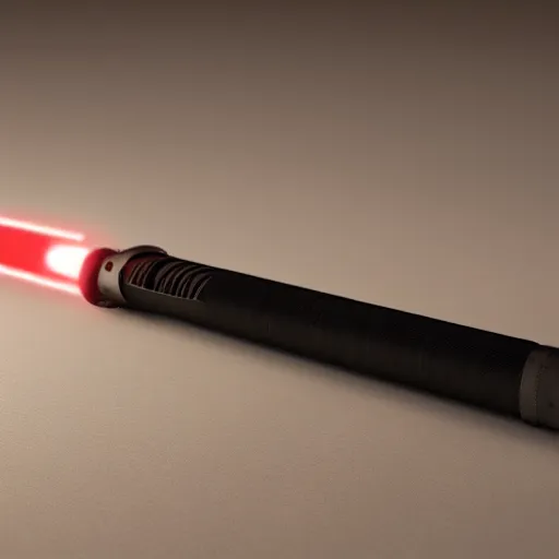 Image similar to lightsaber on a table, photorealistic render, 4 k, depth of field