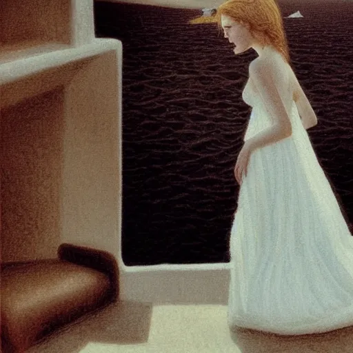 Prompt: Elle Fanning waking through Santorini, ocean, head and shoulders, extremely detailed masterpiece, illustration, by Michael Sowa,