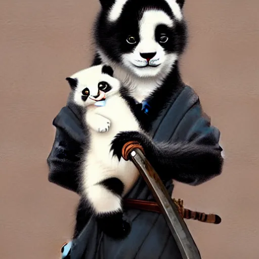 Image similar to cute kitten with panda body and cat face, in a kimono, holds a sword, by greg rutkowski, highly detailed, 4 k