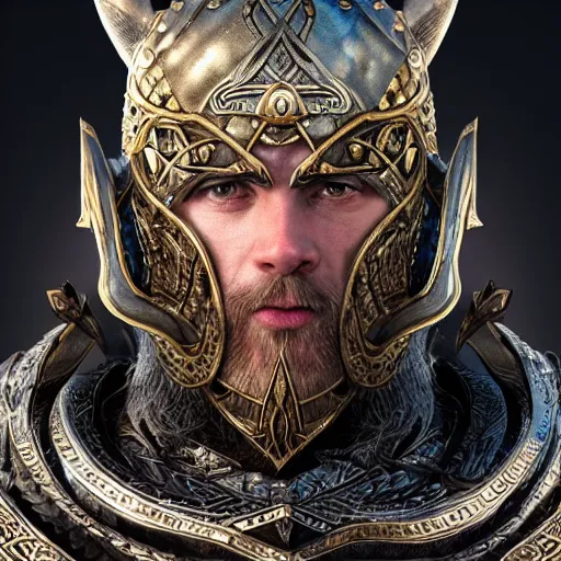 Image similar to portrait art of 8k viking with incredible armor, detailed intricate ornate magical armor made of obsidian and gold, organic, full of colour, cinematic lighting, battered, trending on artstation, 4k, hyperrealistic, focused, extreme details, unreal engine 5, cinematic, masterpiece, art by ayami kojima