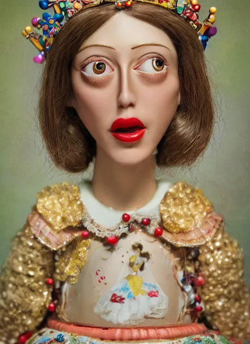 Prompt: closeup face profile portrait of a tin toy shelley duvall as a fairytale princess wearing a crown eating cakes, bikini, depth of field, zeiss lens, detailed, symmetrical, centered, fashion photoshoot, by nicoletta ceccoli, mark ryden, lostfish, breathtaking, 8 k resolution, extremely detailed, beautiful, establishing shot, artistic, hyperrealistic, octane render