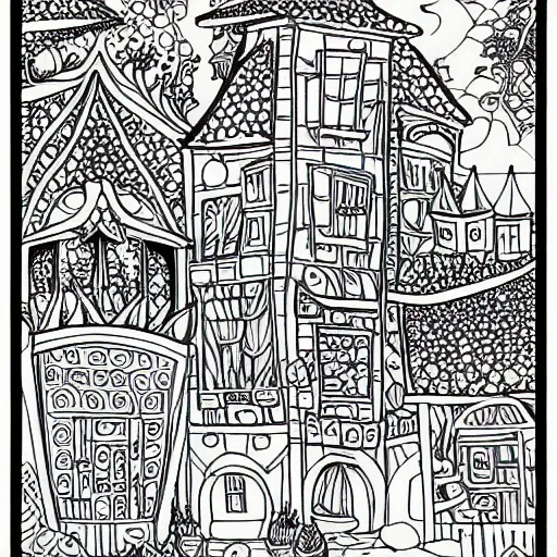Image similar to an adult coloring book page of a fantasy village