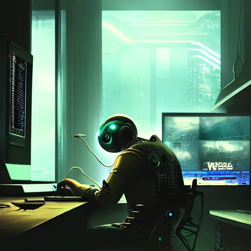 Image similar to realistic man using laptop in gaming room, artstation trends, cyberpunk concept art, highly detailed, intricate, sharp focus, digital art, 8 k