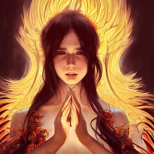 Prompt: chthonic woman demon with big shining eyes, sharp features, big flowing fiery feathers, highly detailed, digital painting, artstation, concept art, smooth, sharp focus, beautiful feathers, expressive eyes, illustration, art by Artgerm and greg rutkowski and alphonse mucha