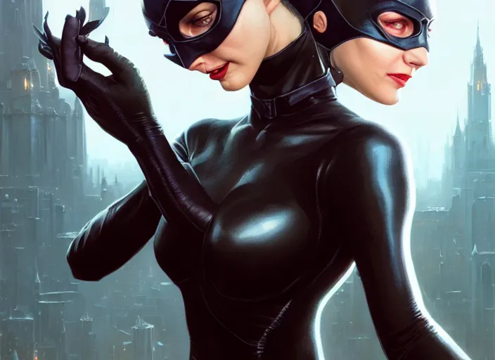 Image similar to highly detailed portrait of catwoman, stephen bliss, unreal engine, art by greg rutkowski, loish, rhads, ferdinand knab, makoto shinkai and lois van baarle, ilya kuvshinov, rossdraws, tom bagshaw, global illumination, radiant light, detailed and intricate environment