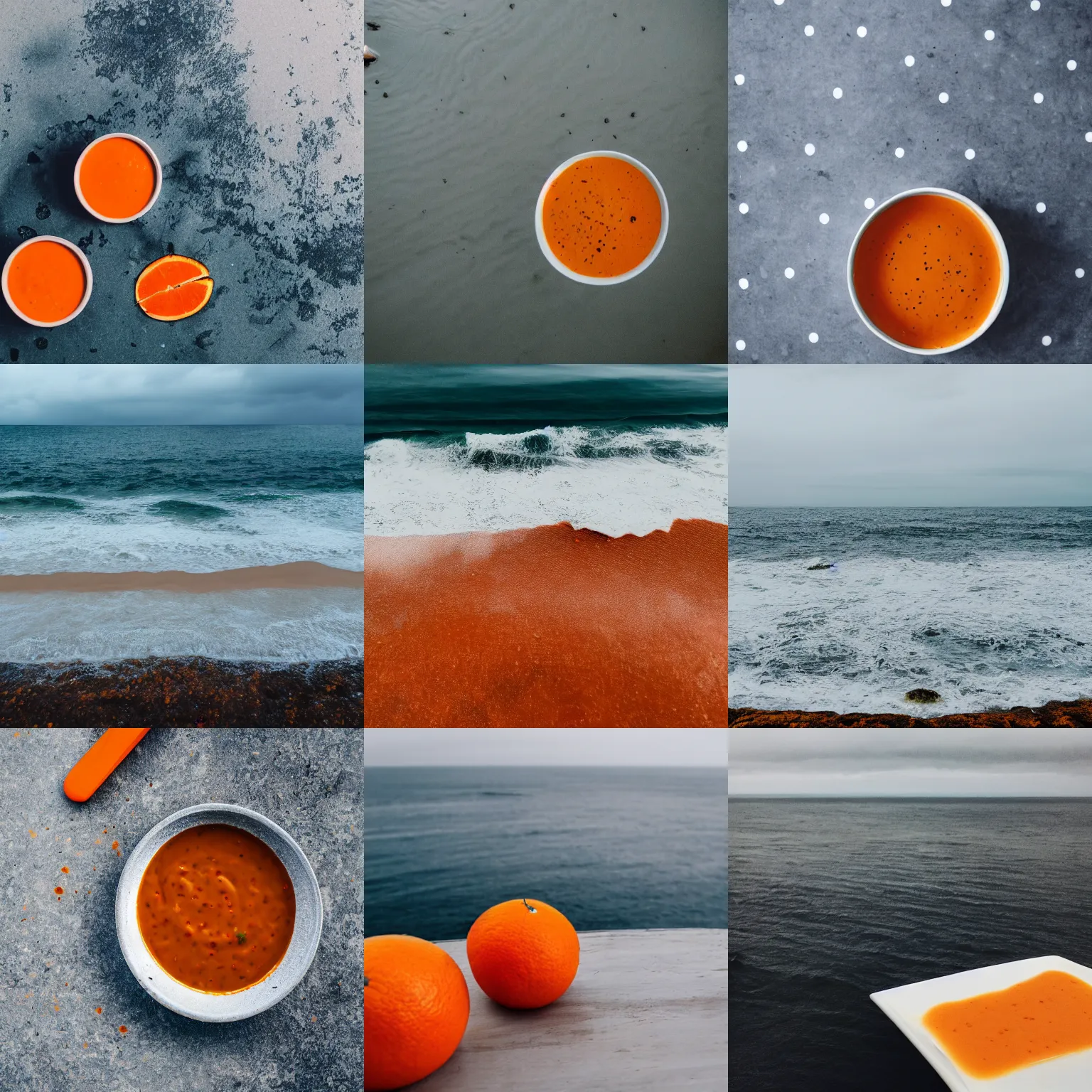 Prompt: photo of sea and gray sky with an orange sauce spot in the middle