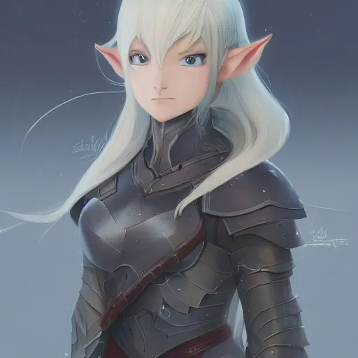 Prompt: an elf girl with grey skin with blonde eyes and hair, ponytail, wearing armor, highly detailed, digital painting, artstation, matte, by makoto shinkai, animation style
