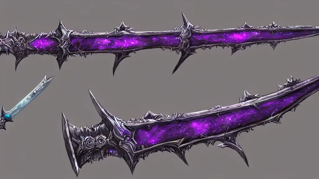 Prompt: 3 feet long broad sword, frostmourne, purple glowing inscription, 8 k, 4 k, concept art, digital painting, game concept art, lord of the rings, fantasy setting