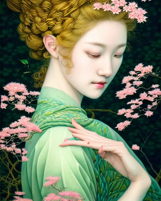 Prompt: portrait of a beautiful lady of nature, graceful beauty, nature aesthetics, sweet colours, head in focus, intricate, elegant, painterly, artstation, artistic, concept art, hasselbrad photography, sharp focus, illustrative, art style by chie yoshii