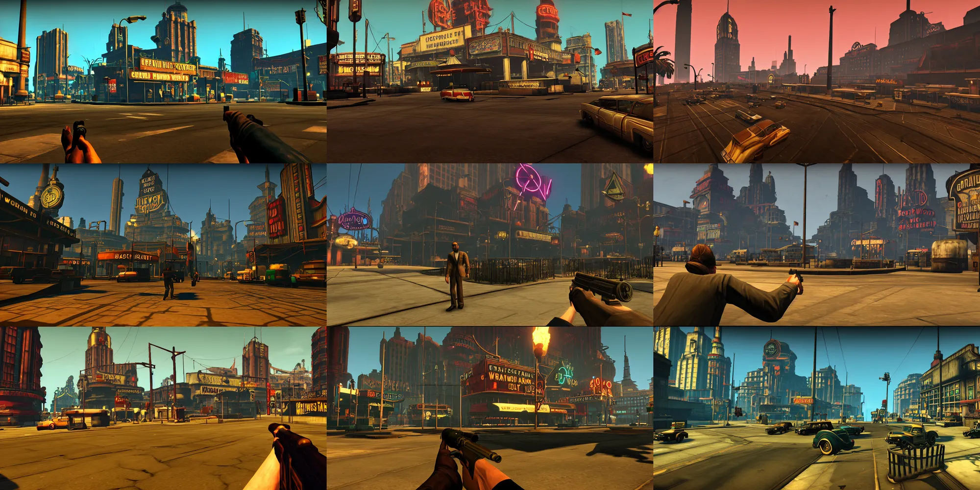 Prompt: grand theft auto screenshot taken within bioshock world section of the game, art deco