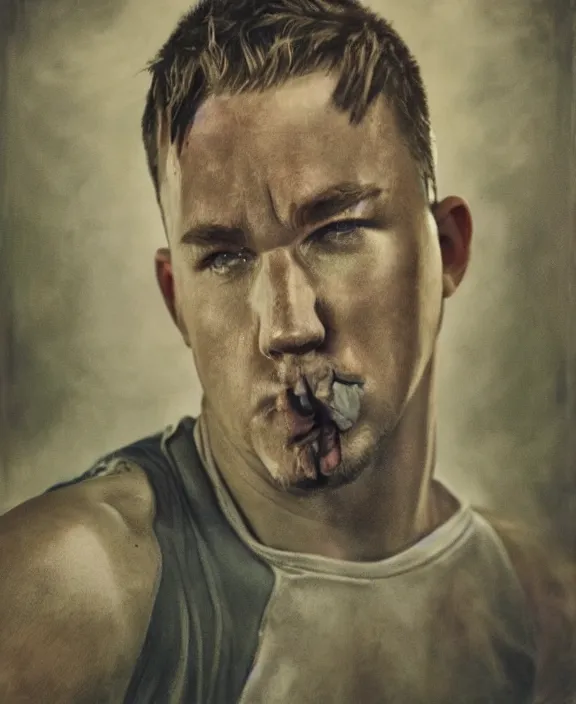 Prompt: portrait of channing tatum as an ohio farm boy, art by denys tsiperko and bogdan rezunenko and franz xaver kosler, hyperrealism