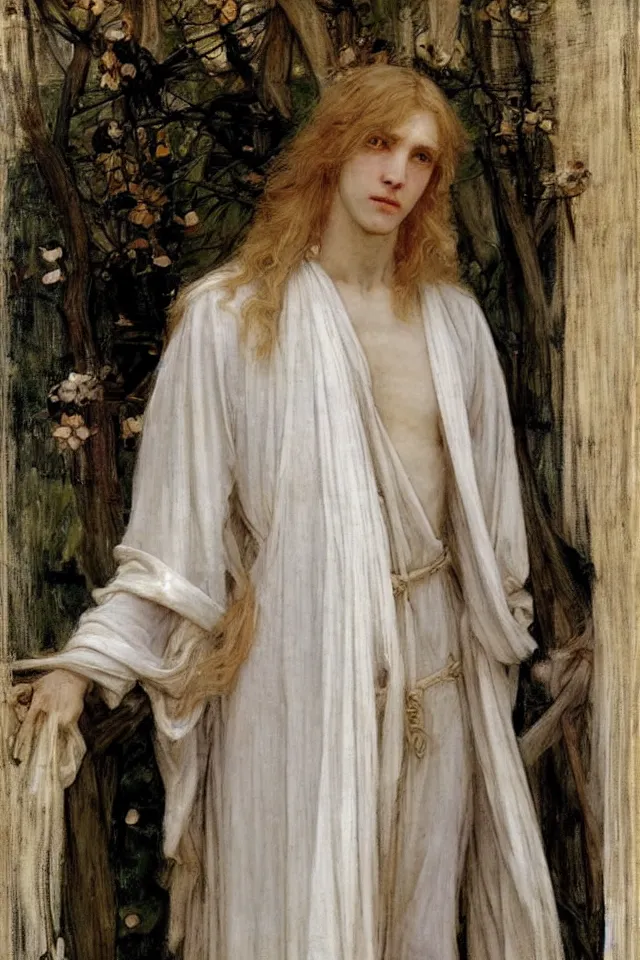 Prompt: beautiful blond androgynous prince Lucius in white robes by john william waterhouse, preraphaelite style, long fluffy blond curly hair, pale porcelain white skin, detailed, defined, chiaroscuro