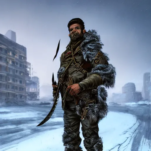 Prompt: A comic book style portrait painting of a male survivalist warrior in a a post apocalyptic winter landscape, unreal 5, DAZ, hyperrealistic, octane render, RPG portrait, ambient light, dynamic lighting