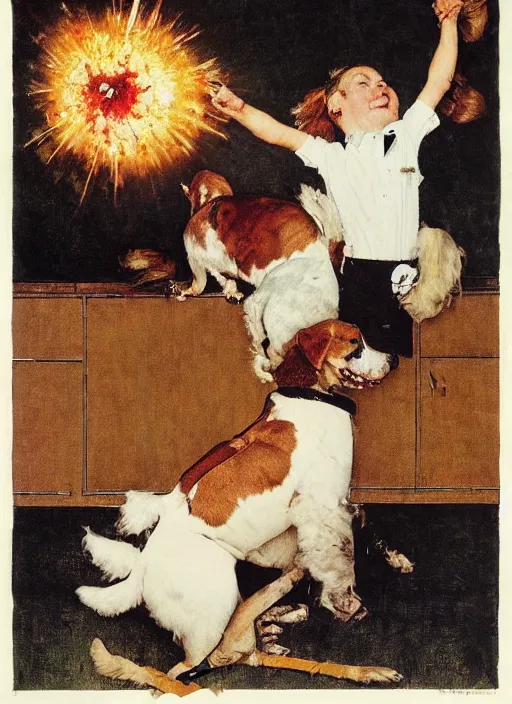 Image similar to a norman rockwell painting of an exploding dog