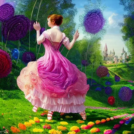 Image similar to portrait of a victorian woman, running up a hill of exotic flowers in the candyland, giant multicolored lollipops, and gumdrops, exotic plants in the shape of candies, from behind, Castle in distance, birds in the sky, sunlight and rays of light shining through trees, beautiful, solarpunk!!!, highly detailed, digital painting by Michael Garmash and Peter Mohrbacher