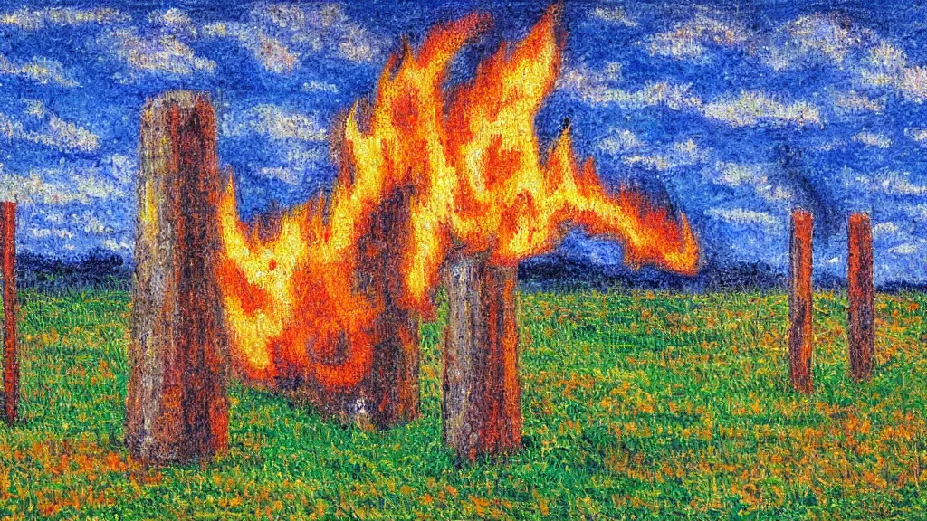 Prompt: fire in a field post - impressionism artwork