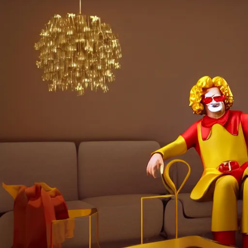 Image similar to A still of Ronald McDonald surrounded by gold and diamonds, Award-winning, photograph, 3d render, unreal engine, 4k detailed