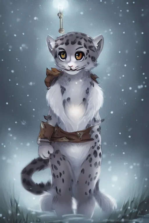 Image similar to a pretty medieval anthropomorphic snow leopard with a fluffy tail in the forest, comic art, trending on furaffinity, cartoon, kawaii, backlighting, furry art!!!, radiant light, bokeh, trending on artstation, digital art