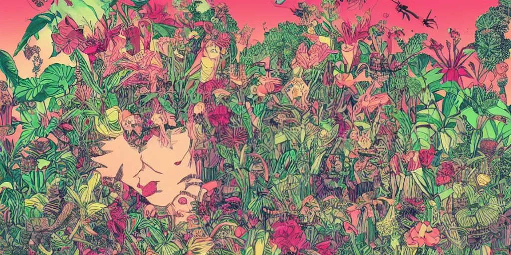 Image similar to gigantic head floating above huge insects, tiny robots, a lot of exotic flowers and plants, risograph!!!, flat surreal design, super - detailed, a lot of tiny details, fullshot, by luigi serafini