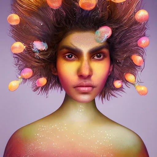 Prompt: a close - up shot of a brown woman wearing a luminous armor made of neon jelly fishes. extremely soft lighting. fragile. peach background. haunting eyes!! coherent face!! no makeup!! muted colors. by ray caesar. by louise dahl - wolfe. by andrea kowch. surreal photography