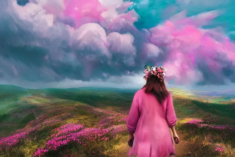 Prompt: giant dahlia flower crown face, girl walking on mountain, surreal photography, pink storm clouds, dramatic light, impressionist painting, digital painting, artstation, simon stalenhag