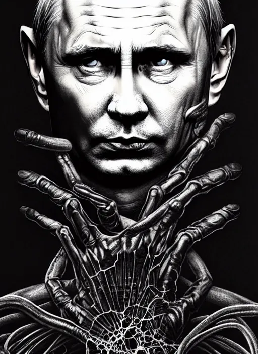 Prompt: a dream portrait of putin as god of the death, black & white, melting, webbing, 8 k, by tristan eaton, stanley artgerm, tom bagshaw, greg rutkowski, carne griffiths, ayami kojima, beksinski, giger, trending on deviantart, face enhance, hyper detailed, minimalist, horror, alien