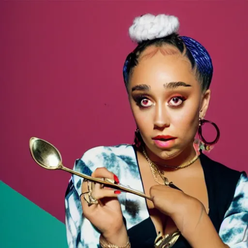 Image similar to Photo of Doja Cat holding a spoon in her hand, hyperrealistic