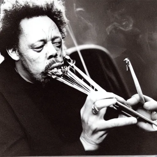 Image similar to charles mingus smoking a spider, professional photograph, 4 k