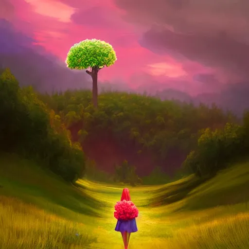 Image similar to giant carnation flower as a head, girl hiking in a lush valley, surreal photography, sunrise, dramatic light, impressionist painting, colorful clouds, digital painting, artstation, simon stalenhag