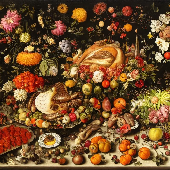 Image similar to victorian thanksgiving feast, flowers and fruits in a garden at night, black background, vanitas, a still life by giuseppe arcimboldo, a flemish baroque by jan van kessel the younger, intricate high detail masterpiece