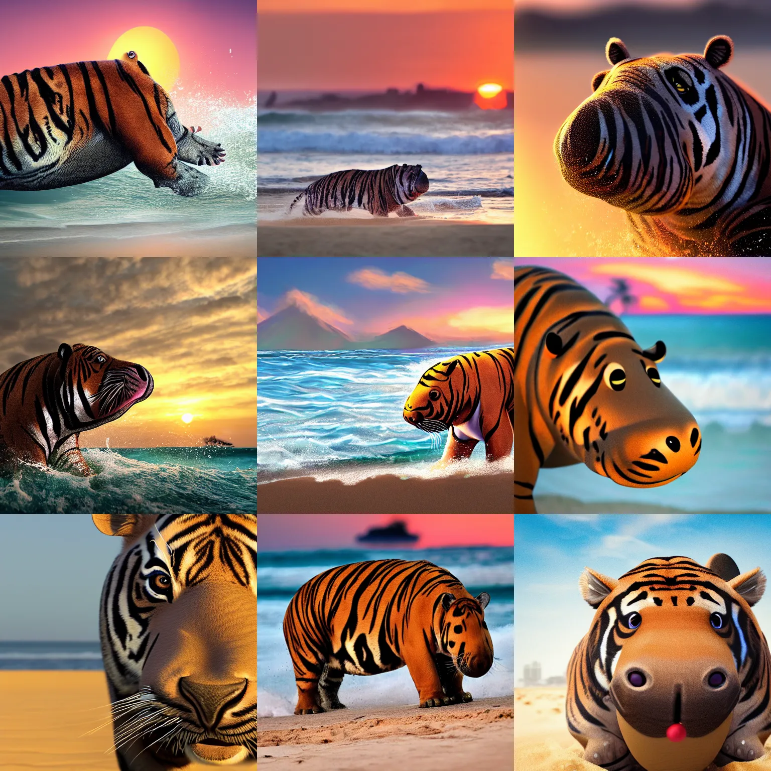 Image similar to a closeup photorealistic photograph of a cute stylish tiger hippo playing volleyball at the beach during sunset. Surf in the background. This 4K HD image is Trending on Artstation, featured on Behance, well-rendered, extra crisp, features intricate detail and the style of Unreal Engine.