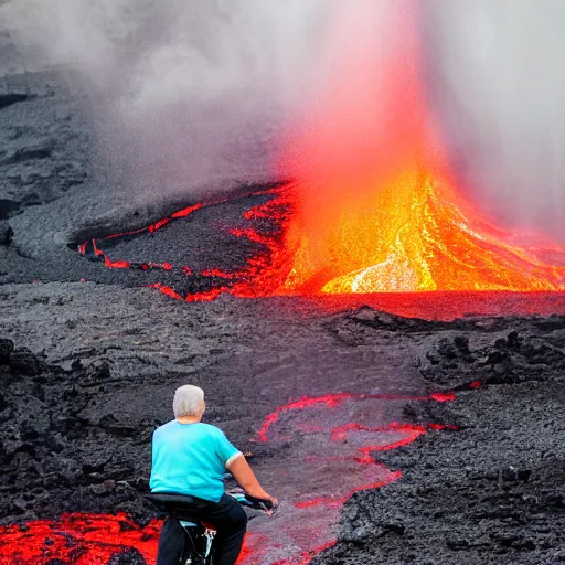 Image similar to elderly man on an aqua bike in a lava flow, volcano, eruption, magma, lava, canon eos r 3, f / 1. 4, iso 2 0 0, 1 / 1 6 0 s, 8 k, raw, unedited, symmetrical balance, wide angle