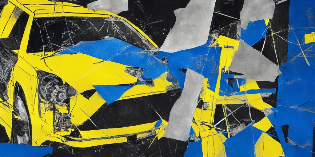 Image similar to rendered in blender car crash test, yellow, blue and black, collage paper and tape, acrylic on canvas, hyperrealism mixed with expressionism, high resolution, cinematic, unreal 6, breathtaking detailed, by blake neubert