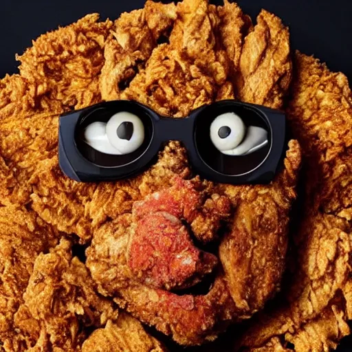 Prompt: a face made of fried chicken, fried chicken in the shape of a face, fried chicken looking like amanda seyfried