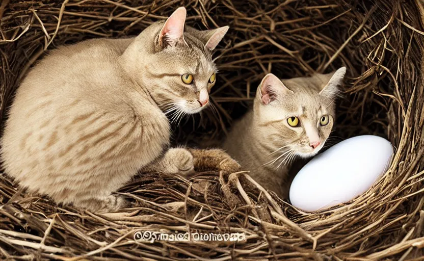 Prompt: cat guarding it's eggs. big nest. wild, nature photography, david attenborough, strange, photograph, photorealistic